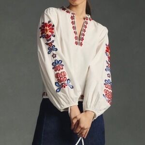 Farm Rio White Floral Embroidered Boho  Peasant Puff Sleeve Top - XSmall